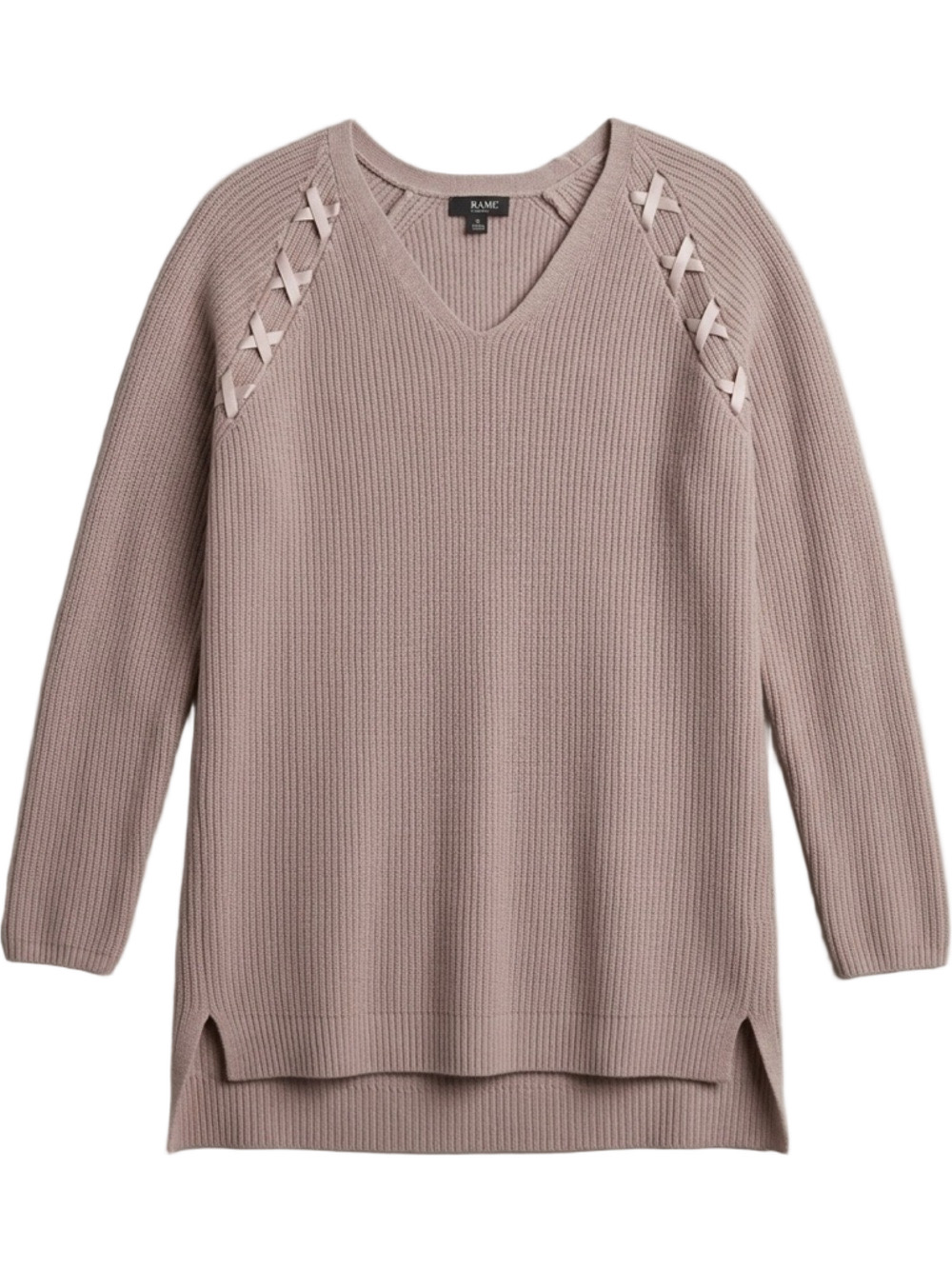 A.N.A Sweater Cotton V Neck Lace Up Shoulder Blush Pink XS